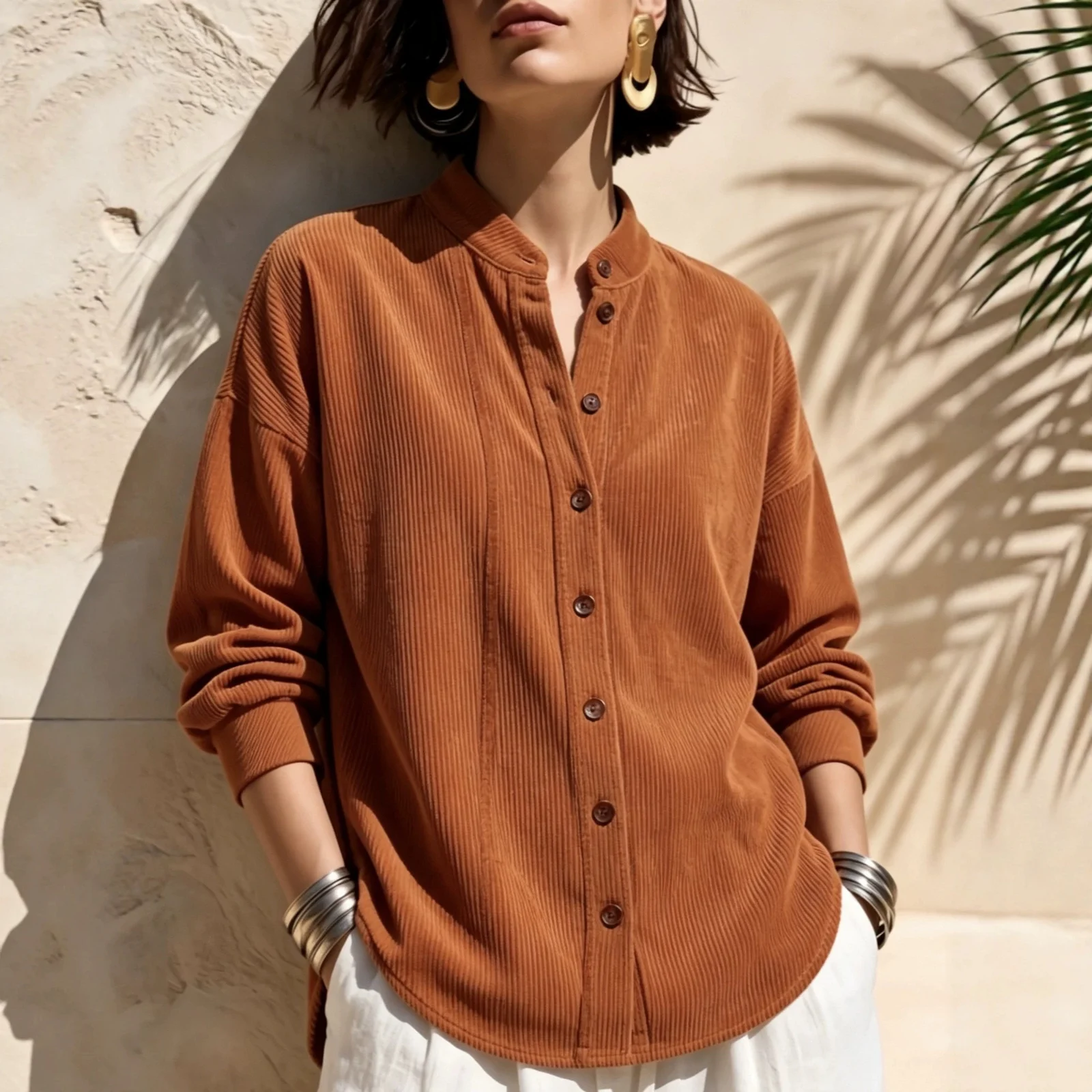 Womens Loose-fitting Stand-collar Short-sleeve Blouse Shirt — image 10