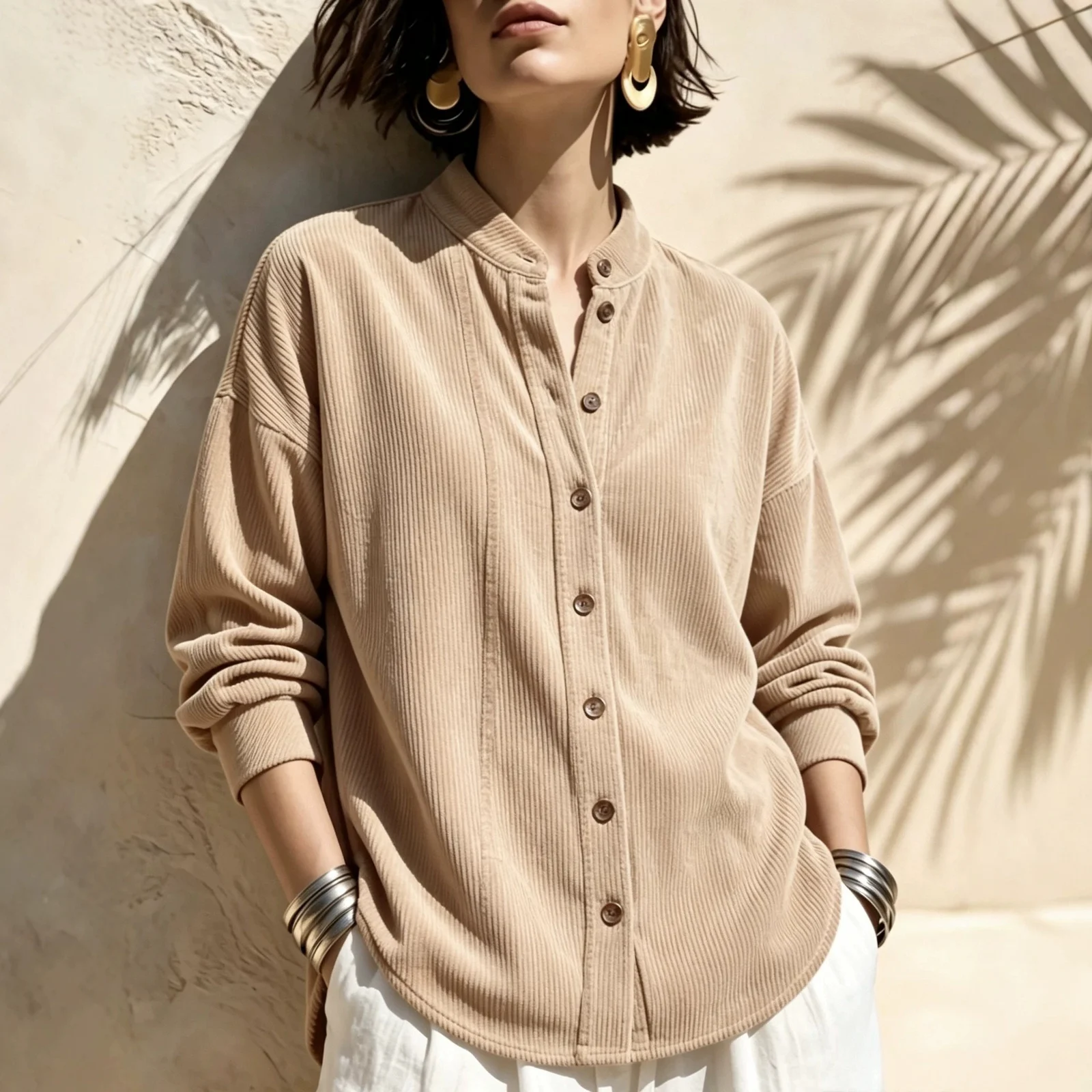 Womens Loose-fitting Stand-collar Short-sleeve Blouse Shirt — image 5