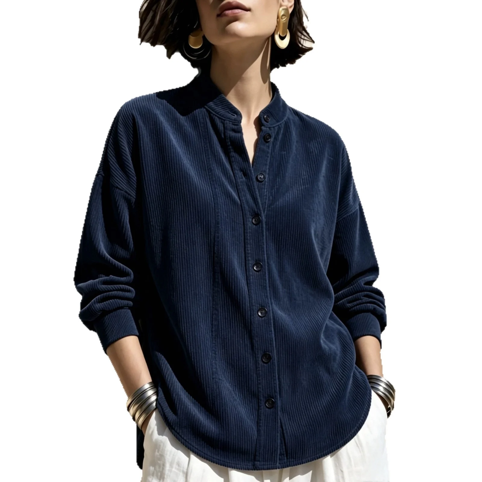 Womens Loose-fitting Stand-collar Short-sleeve Blouse Shirt — image 8
