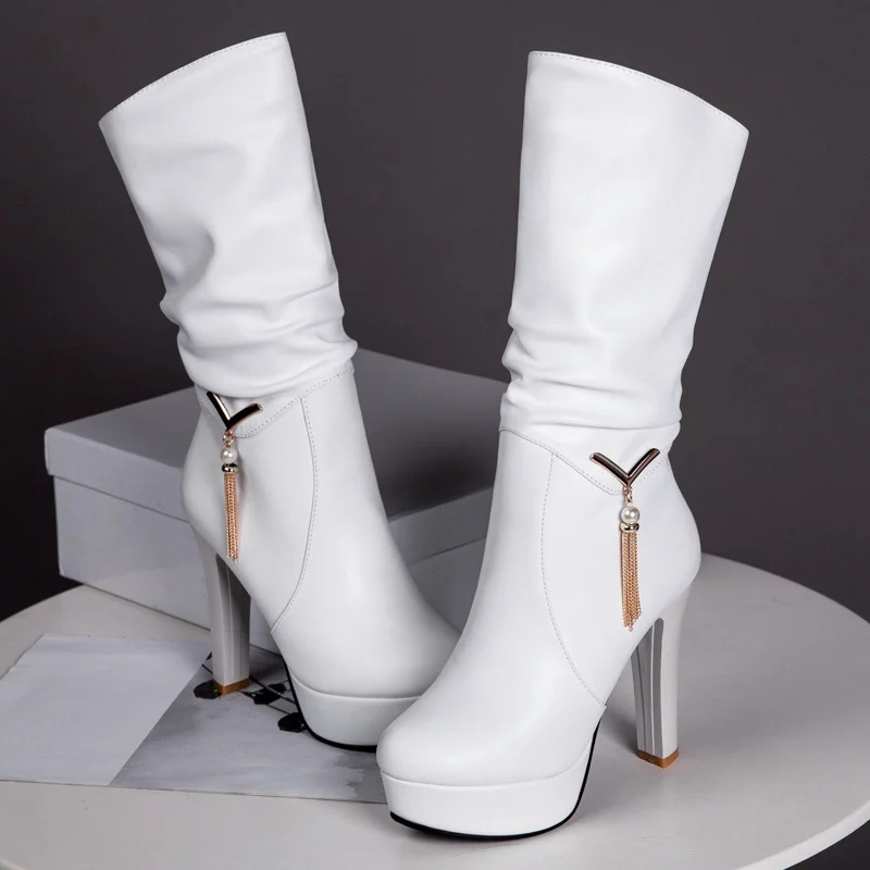 Womens Mid-calf Waterproof Platform High-heeled Boots — image 5