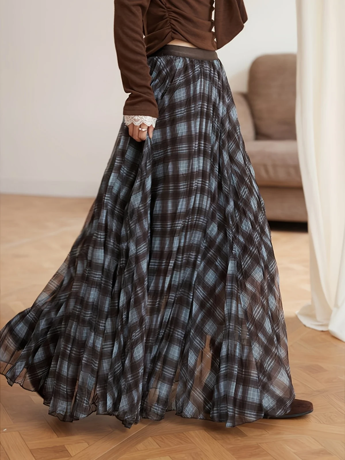 Womens Plaid Chiffon Pleated Skirt — image 4