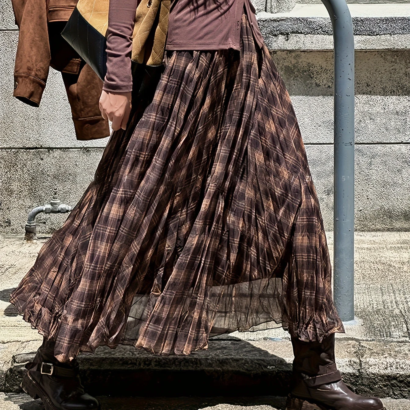 Womens Plaid Chiffon Pleated Skirt — image 2