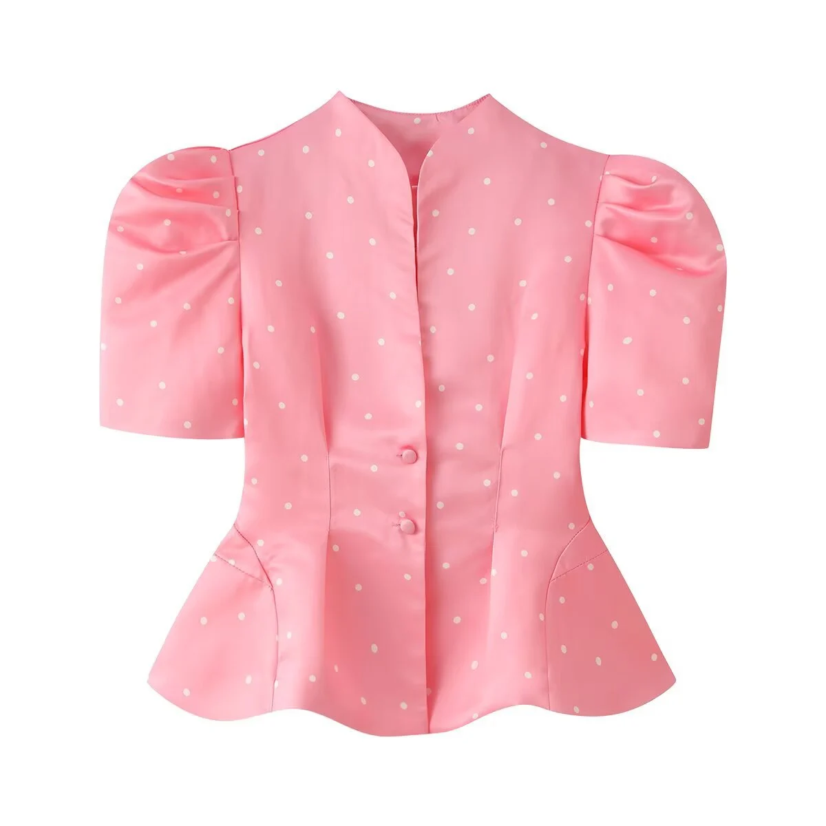 Womens Polka-dot Printed Puff-sleeved Elegant Waist-cinching Blouse Top — image 6