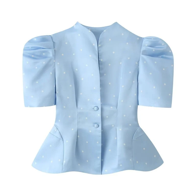 Womens Polka-dot Printed Puff-sleeved Elegant Waist-cinching Blouse Top — image 1