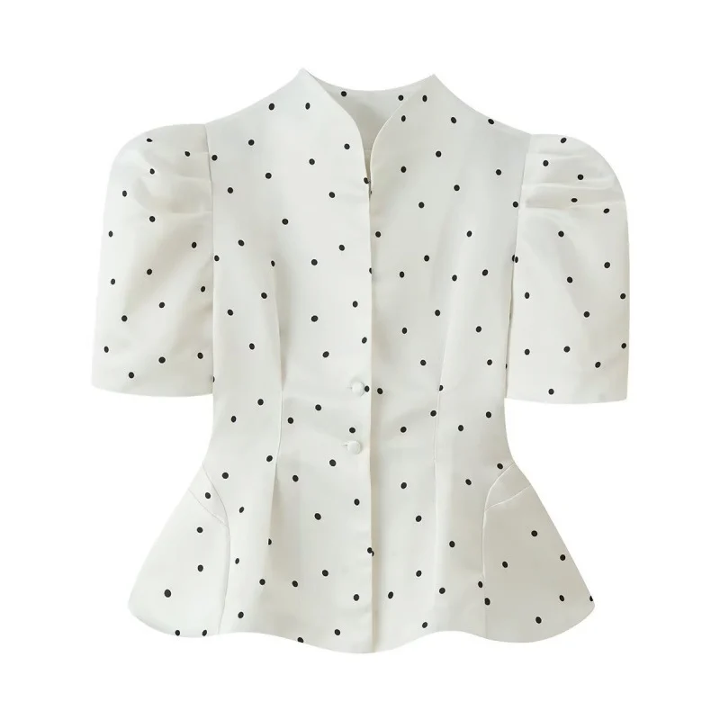 Womens Polka-dot Printed Puff-sleeved Elegant Waist-cinching Blouse Top — image 5