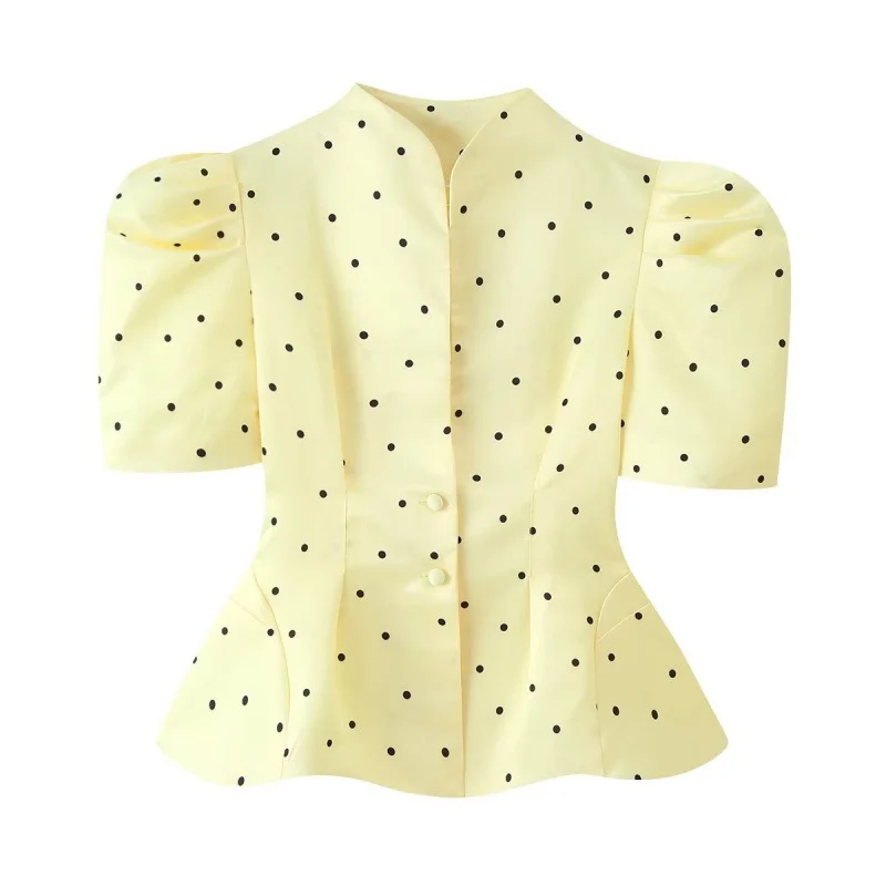Womens Polka-dot Printed Puff-sleeved Elegant Waist-cinching Blouse Top — image 4