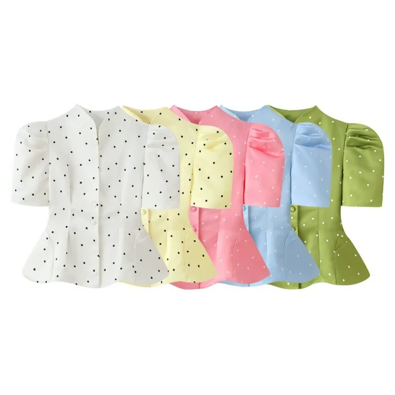 Womens Polka-dot Printed Puff-sleeved Elegant Waist-cinching Blouse Top — image 3