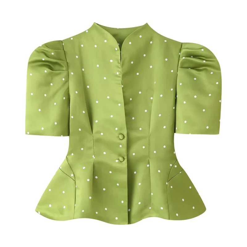 Womens Polka-dot Printed Puff-sleeved Elegant Waist-cinching Blouse Top — image 2