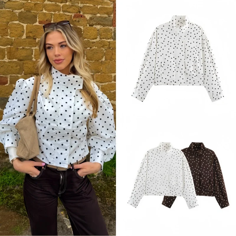 Womens Polka-dot Printed Stand-collar Long-sleeve Coat — image 3