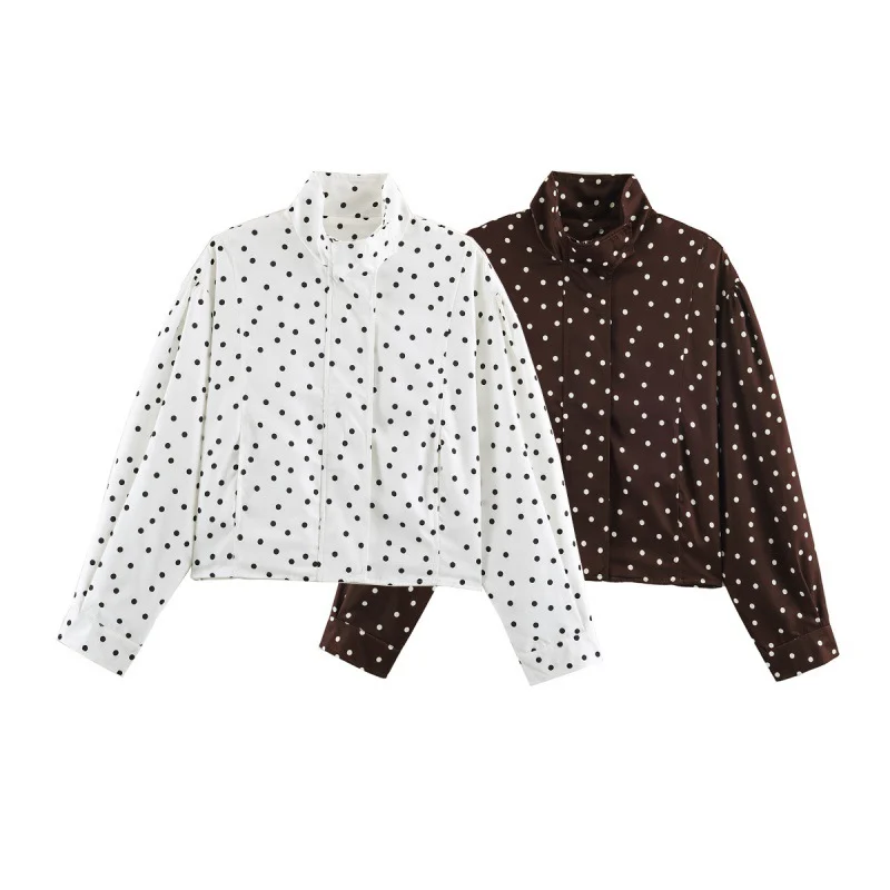 Womens Polka-dot Printed Stand-collar Long-sleeve Coat — image 4
