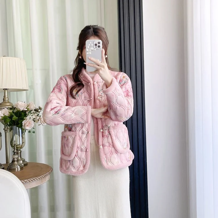 Womens Retro Frog-button Floral Velvet-lined Warm Cotton Padded Coat — image 6