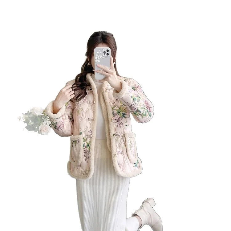 Womens Retro Frog-button Floral Velvet-lined Warm Cotton Padded Coat — image 2