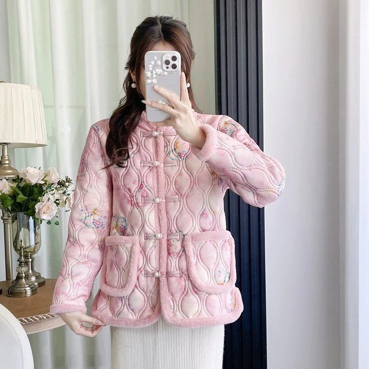 Womens Retro Frog-button Floral Velvet-lined Warm Cotton Padded Coat — image 7