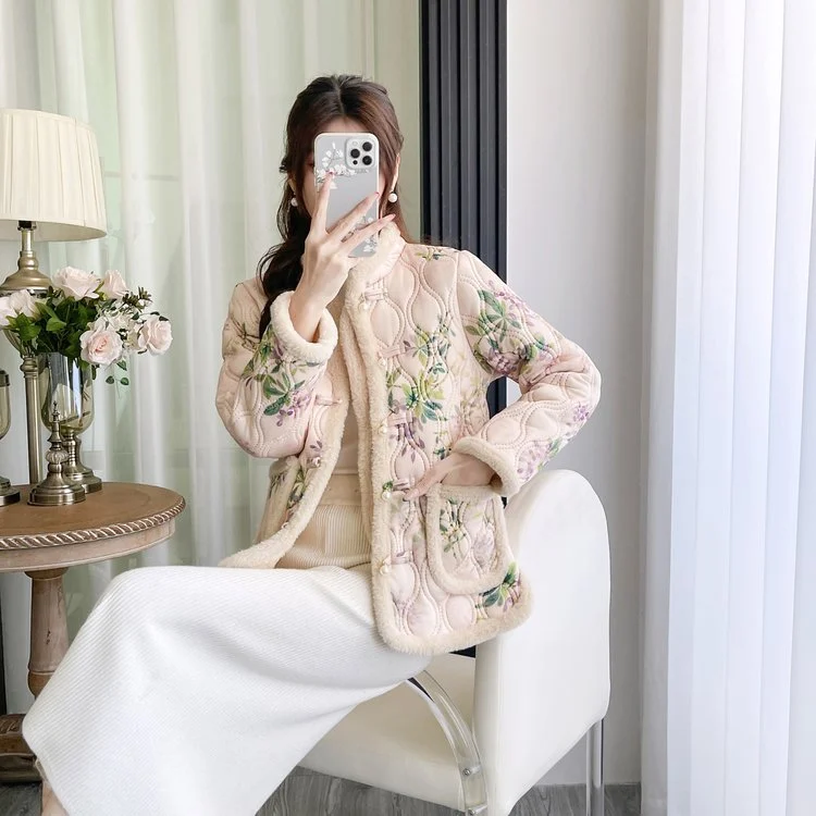 Womens Retro Frog-button Floral Velvet-lined Warm Cotton Padded Coat — image 9