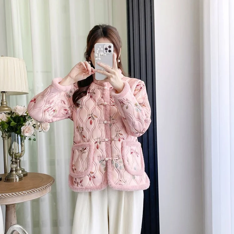 Womens Retro Frog-button Floral Velvet-lined Warm Cotton Padded Coat — image 4