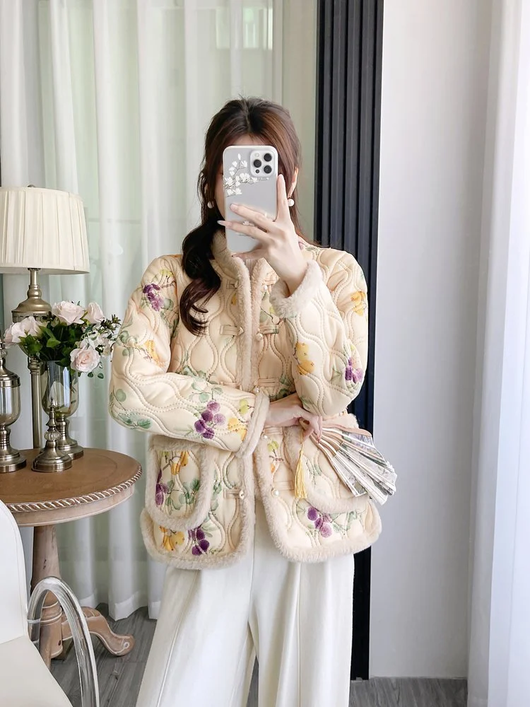 Womens Retro Frog-button Floral Velvet-lined Warm Cotton Padded Coat — image 8