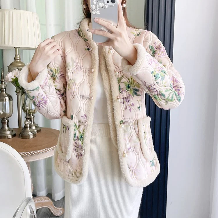 Womens Retro Frog-button Floral Velvet-lined Warm Cotton Padded Coat — image 5