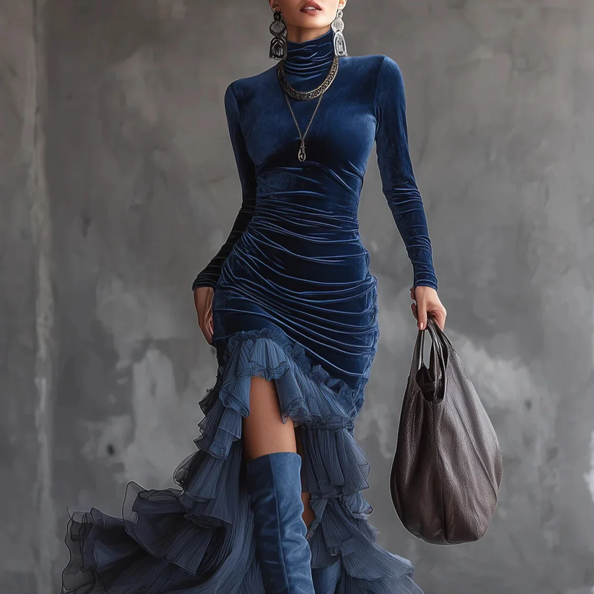 Womens Retro High-neck Velvet Dress — image 1