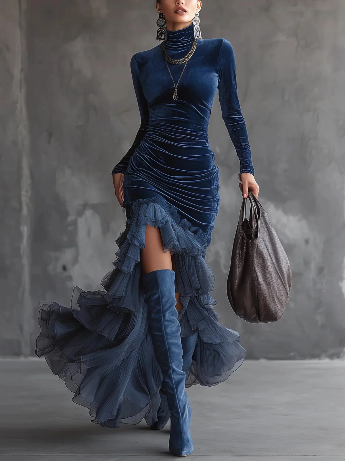 Womens Retro High-neck Velvet Dress — image 5