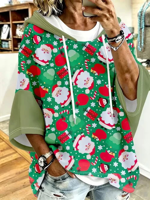 Womens Retro-print Hoodie With Drawstring And Three-quarter Sleeves — image 2