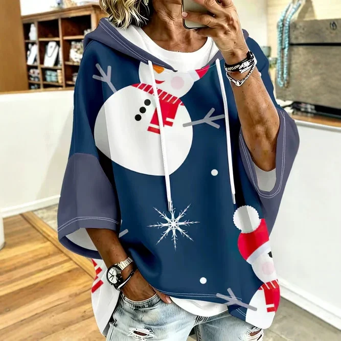Womens Retro-print Hoodie With Drawstring And Three-quarter Sleeves — image 3