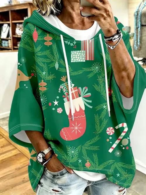 Womens Retro-print Hoodie With Drawstring And Three-quarter Sleeves — image 12