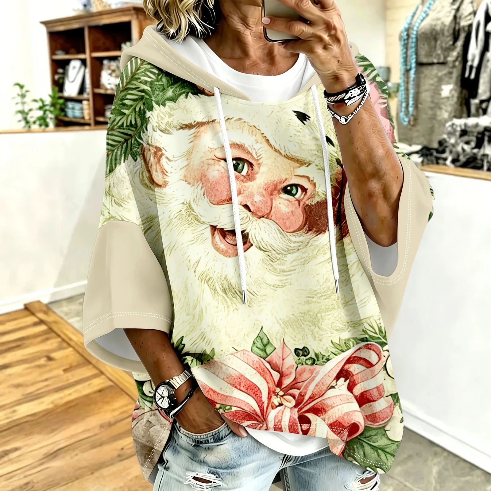 Womens Retro-print Hoodie With Drawstring And Three-quarter Sleeves — image 1