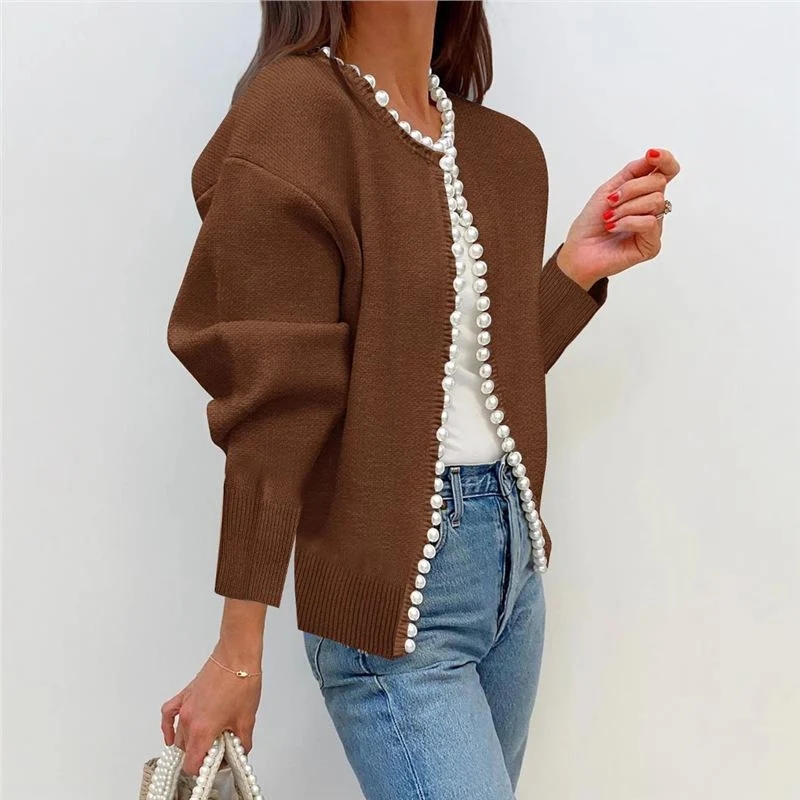 Womens Round-neck Cardigan With Pearl-trimmed Edges — image 6