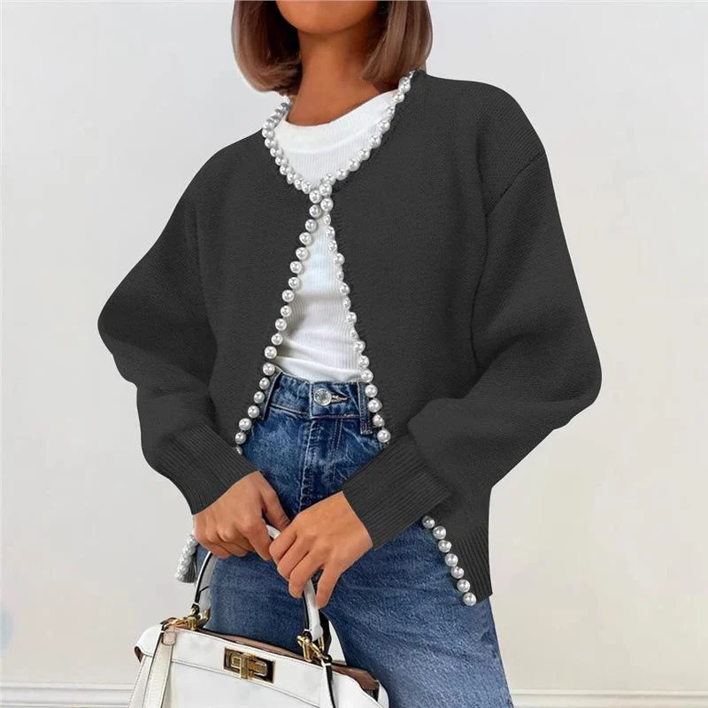 Womens Round-neck Cardigan With Pearl-trimmed Edges — image 3