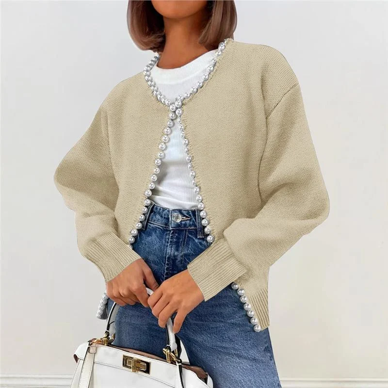 Womens Round-neck Cardigan With Pearl-trimmed Edges — image 4