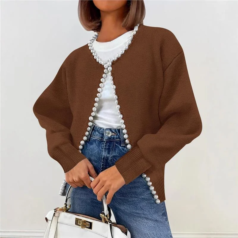 Womens Round-neck Cardigan With Pearl-trimmed Edges — image 5