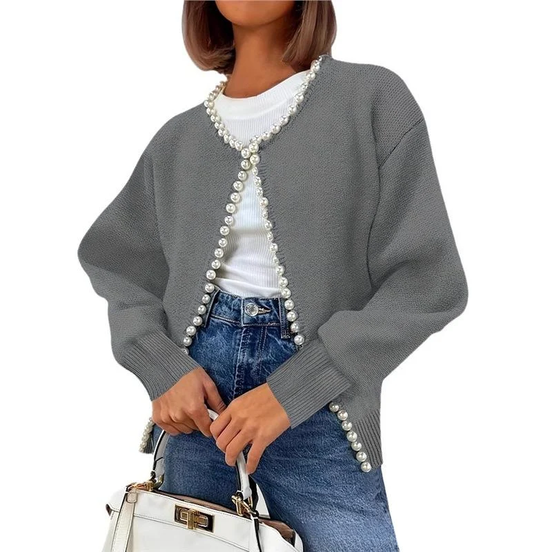 Womens Round-neck Cardigan With Pearl-trimmed Edges — image 2