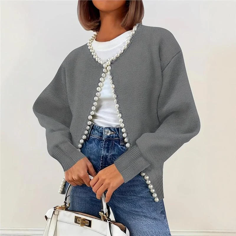 Womens Round-neck Cardigan With Pearl-trimmed Edges — image 1