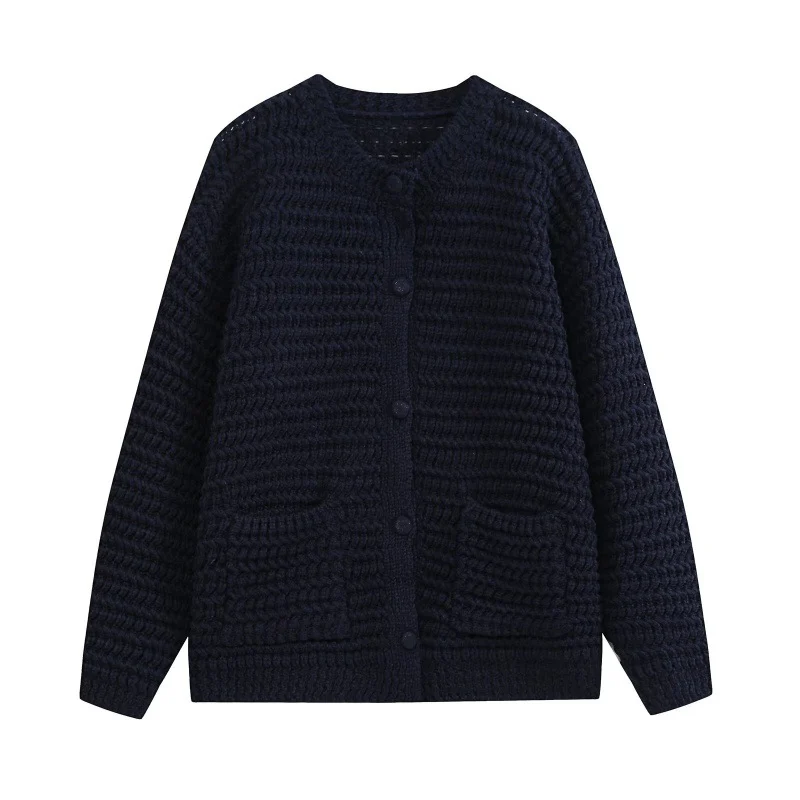 Womens Round-neck Loose-fit Knitted Cardigan With Large Ingot-shaped Pockets — image 2