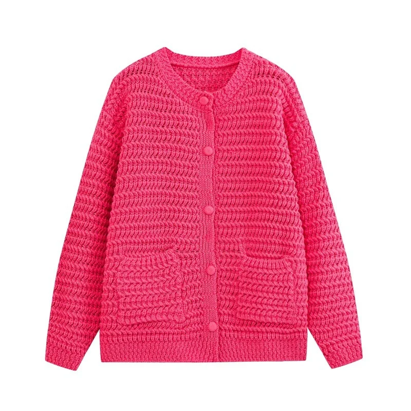 Womens Round-neck Loose-fit Knitted Cardigan With Large Ingot-shaped Pockets — image 5