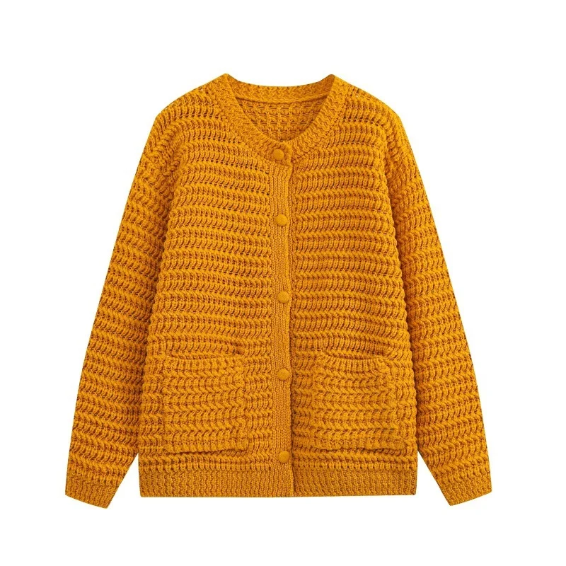 Womens Round-neck Loose-fit Knitted Cardigan With Large Ingot-shaped Pockets — image 3