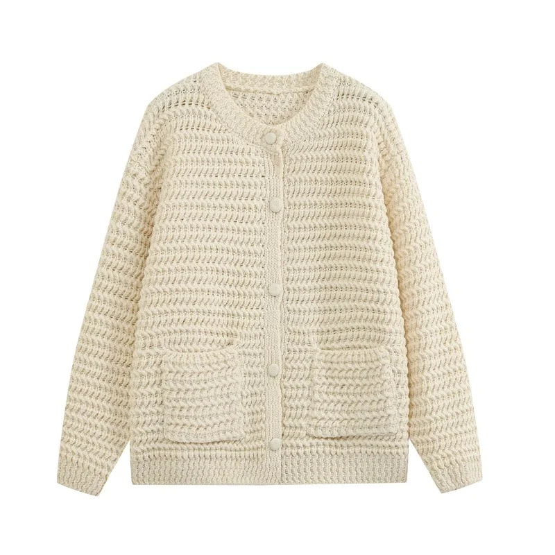 Womens Round-neck Loose-fit Knitted Cardigan With Large Ingot-shaped Pockets — image 1