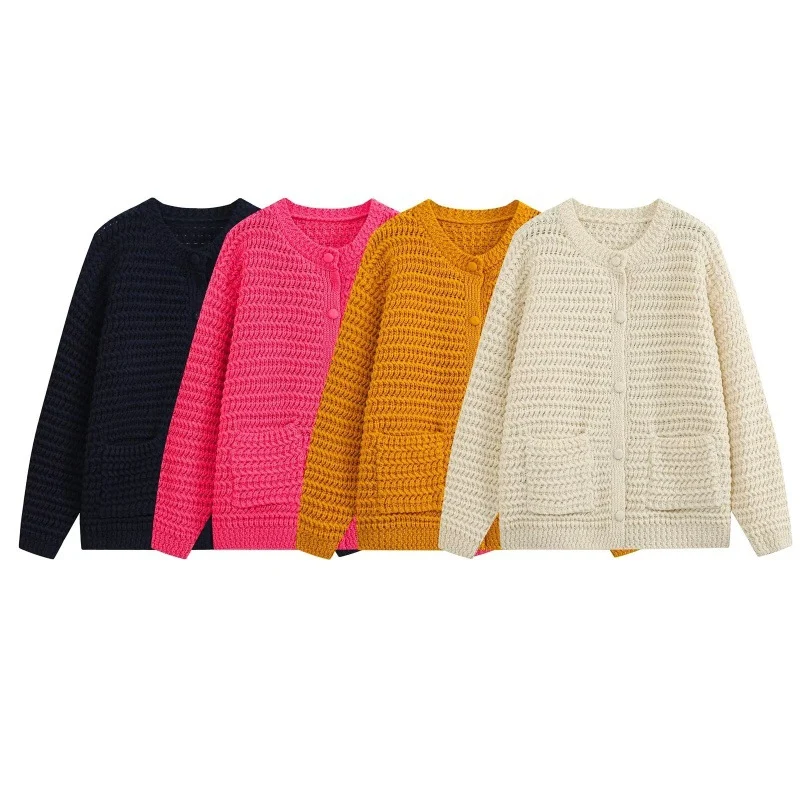 Womens Round-neck Loose-fit Knitted Cardigan With Large Ingot-shaped Pockets — image 4