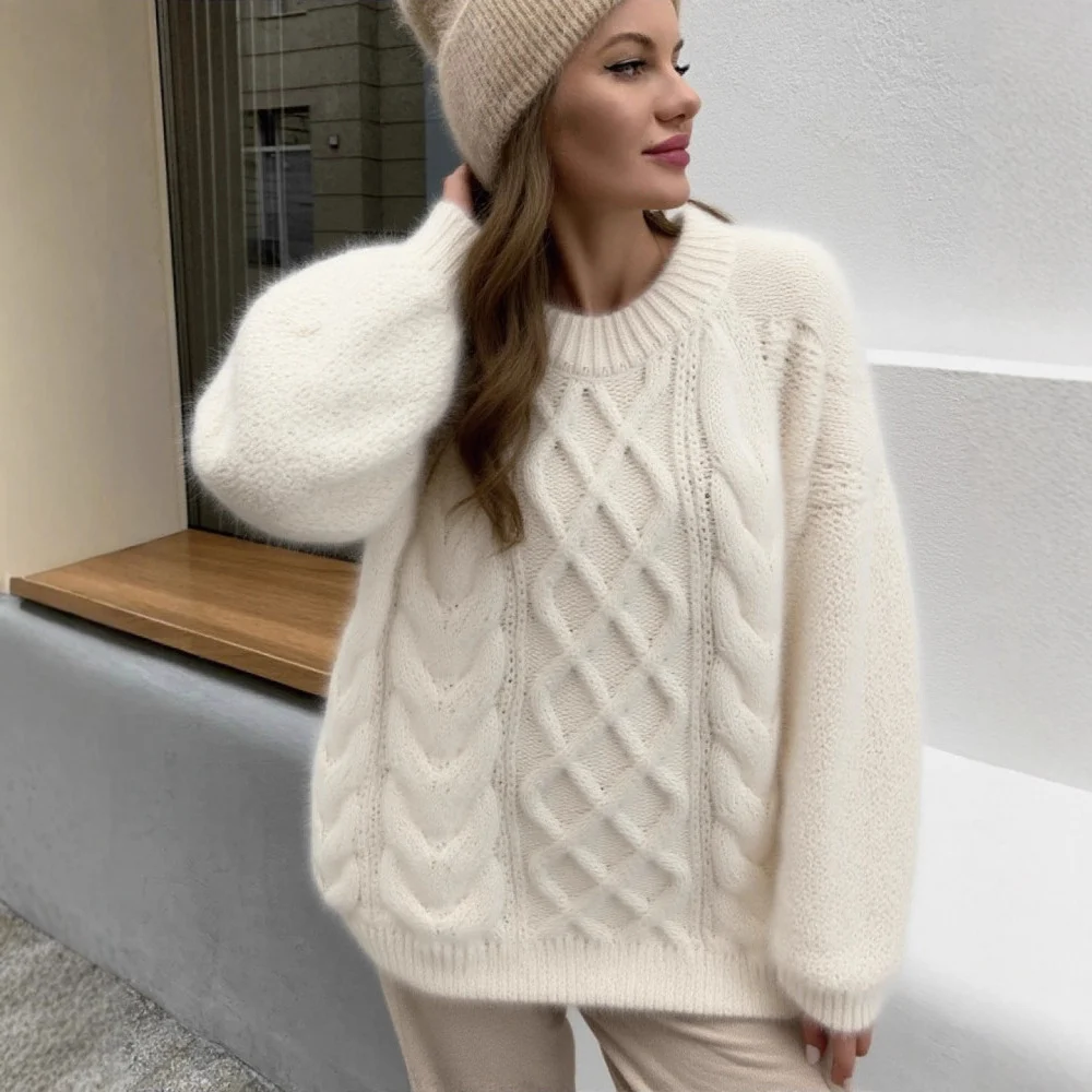 Womens Round-neck Loose-fit Thickened Knitted Sweater — image 2
