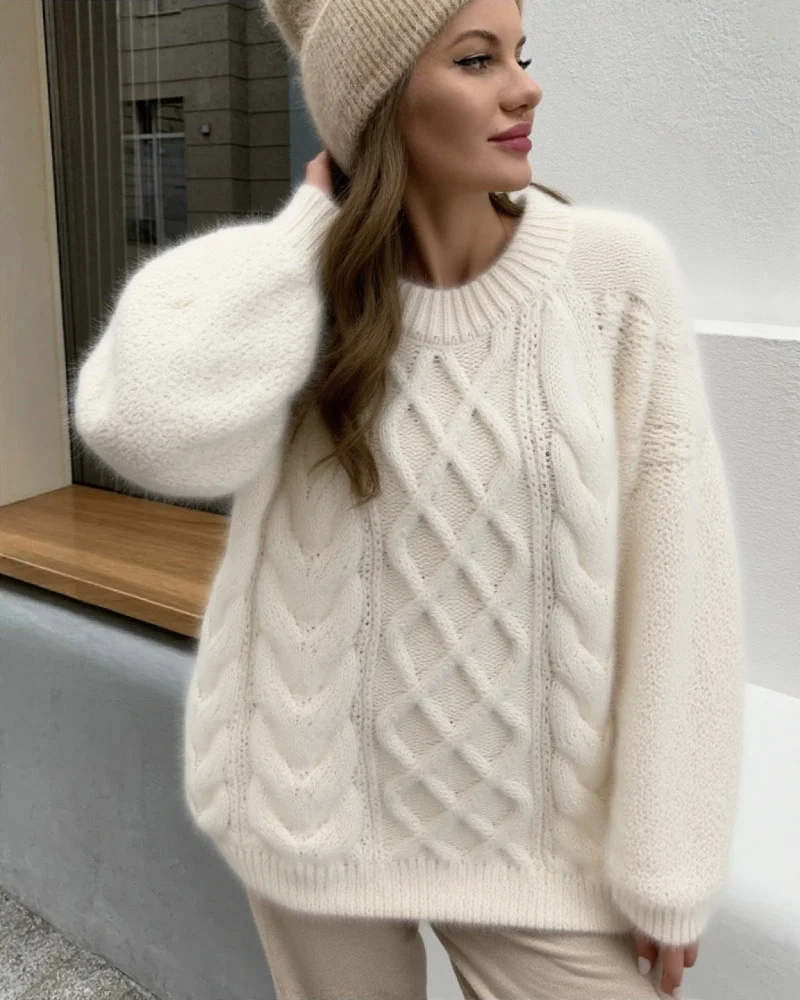 Womens Round-neck Loose-fit Thickened Knitted Sweater — image 3