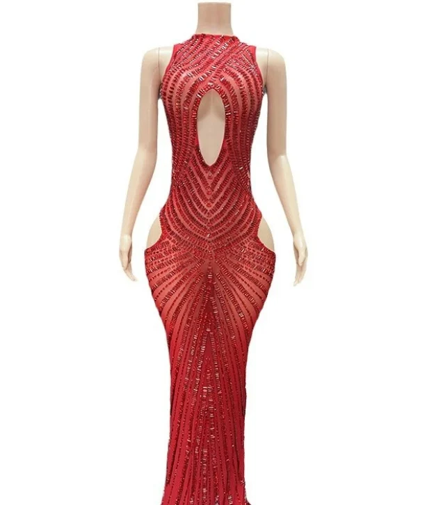 Womens Sexy Mesh Hollow-out Nightclub Stage Dress Performance Outfit Evening Gown — image 6