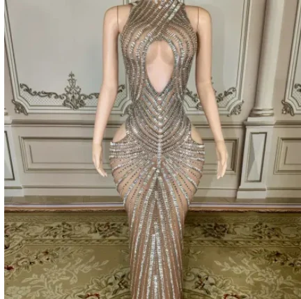 Womens Sexy Mesh Hollow-out Nightclub Stage Dress Performance Outfit Evening Gown — image 7