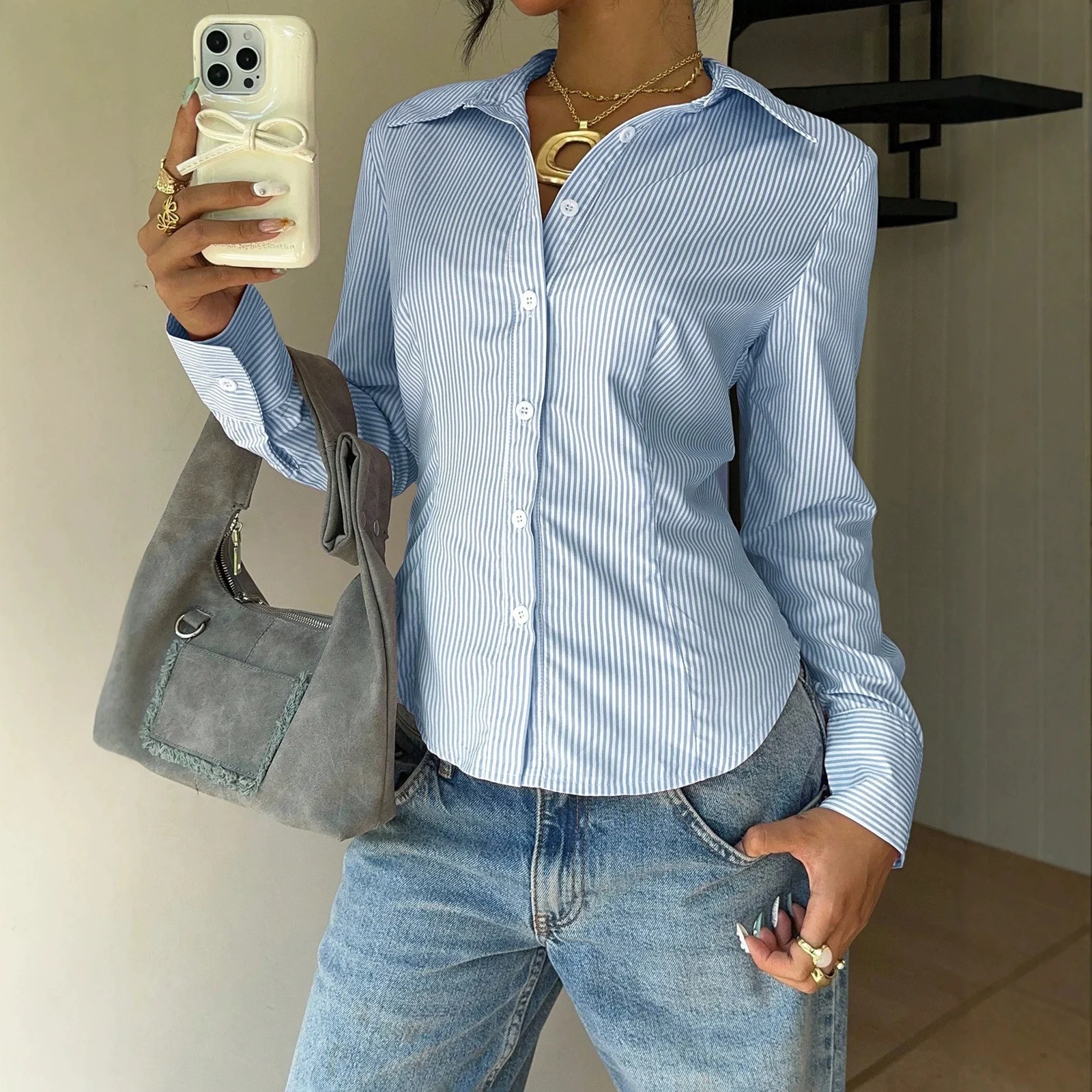 Womens Slim-fit Long-sleeve Lapel Shirt With Fine Stripes — image 3