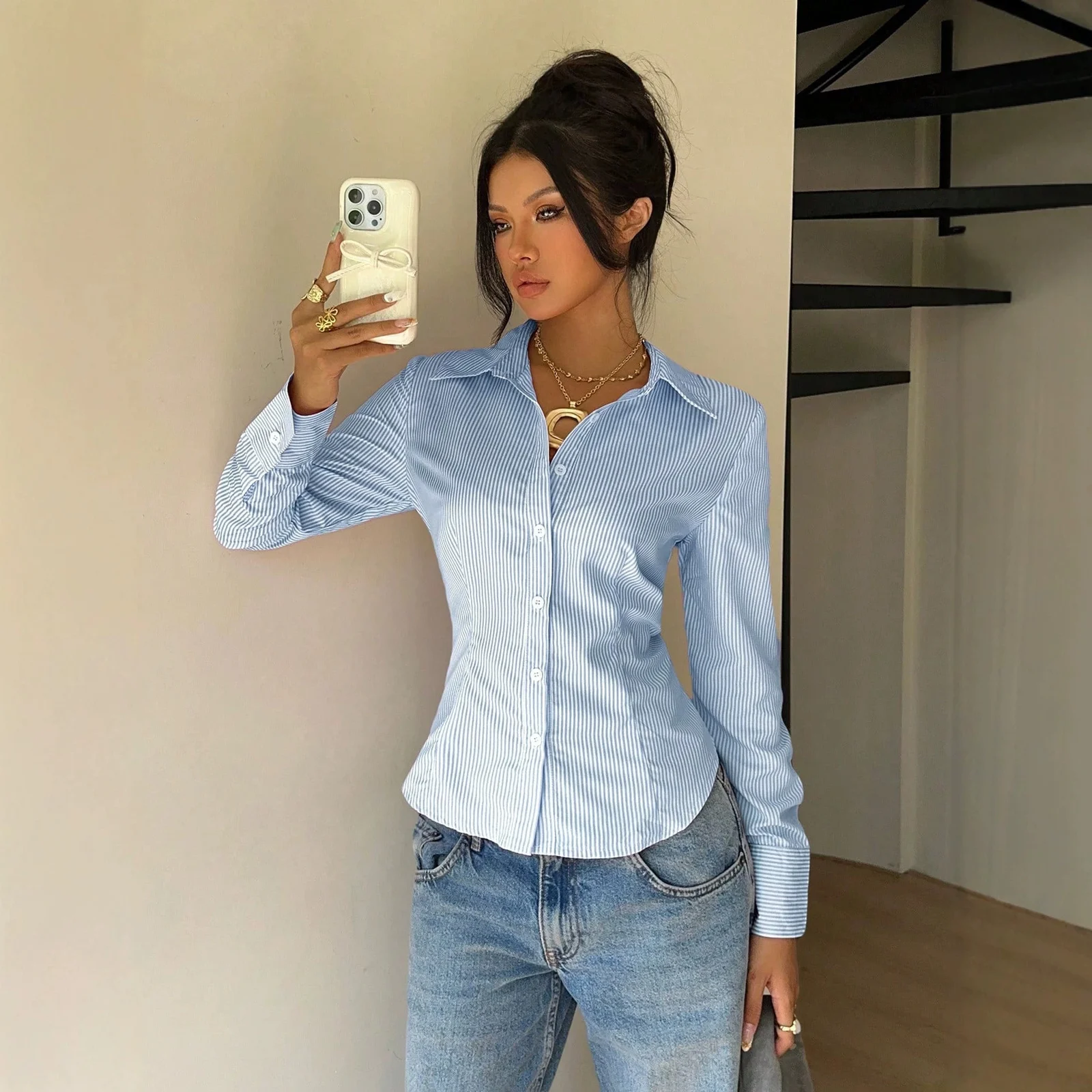 Womens Slim-fit Long-sleeve Lapel Shirt With Fine Stripes — image 1