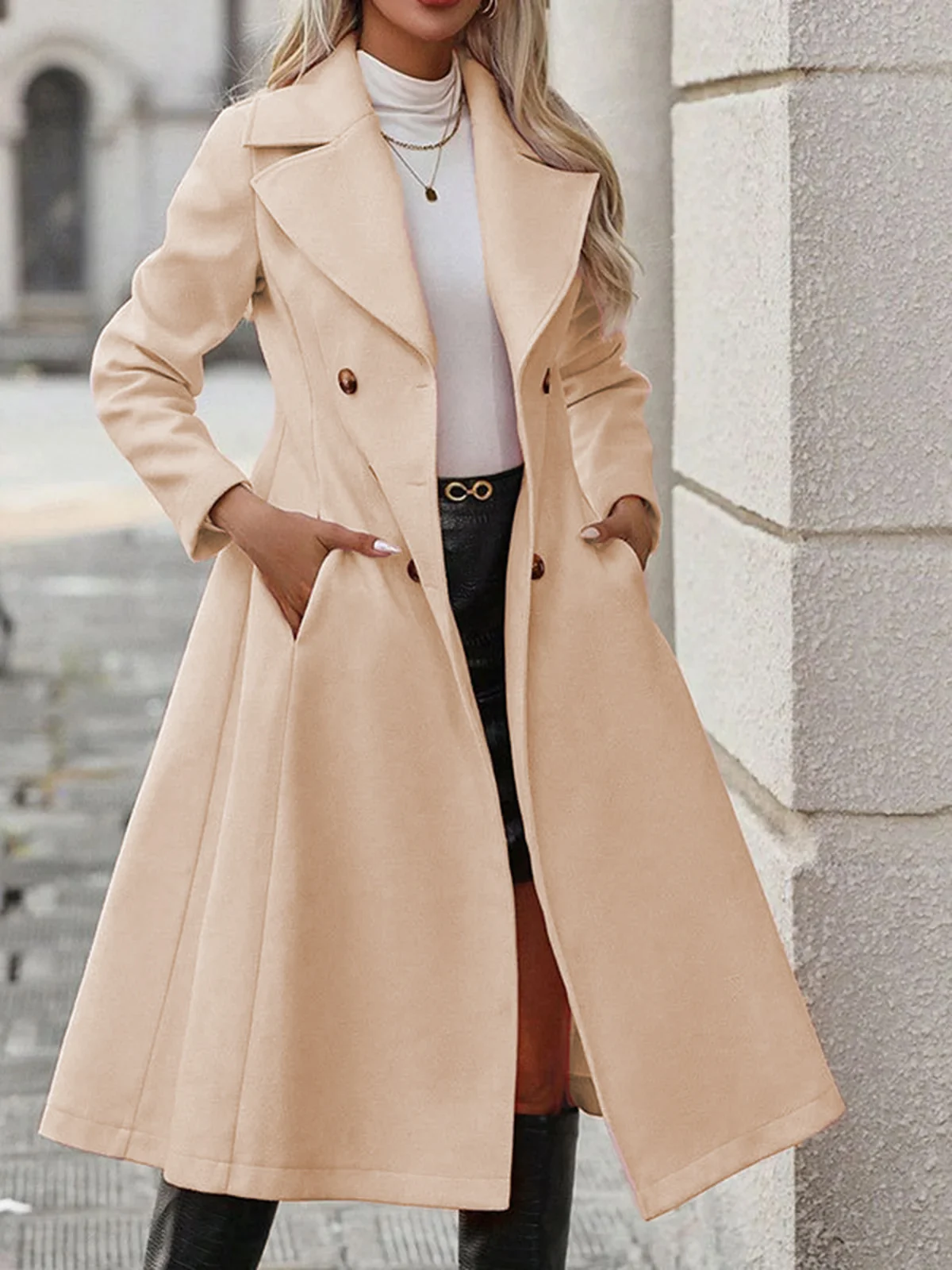 Womens Solid-color Lapel Casual Double-breasted Long Trench Coat — image 6