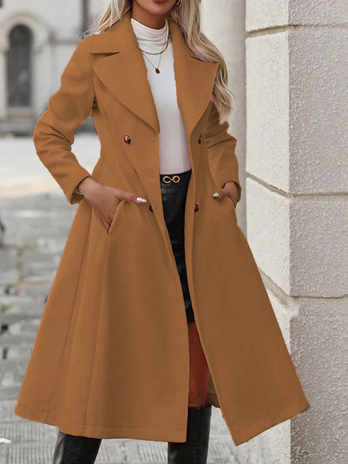 Womens Solid-color Lapel Casual Double-breasted Long Trench Coat — image 7