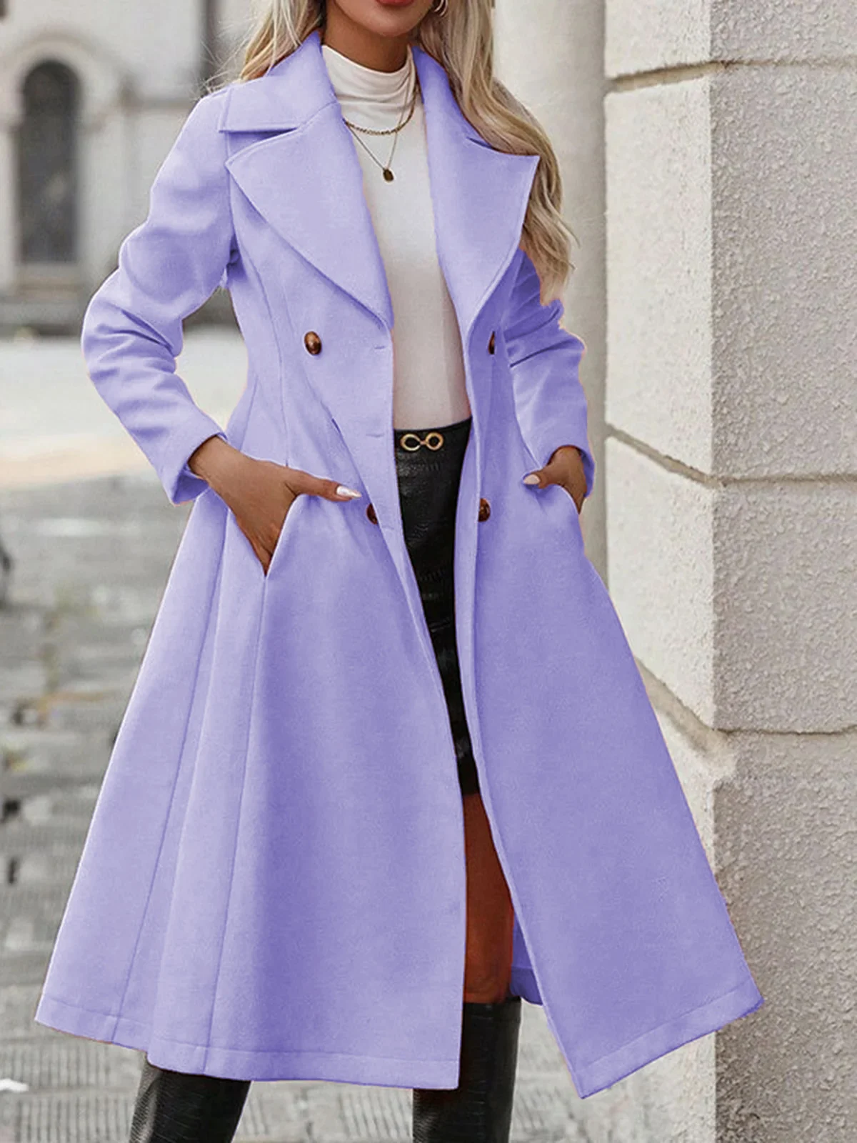 Womens Solid-color Lapel Casual Double-breasted Long Trench Coat — image 5