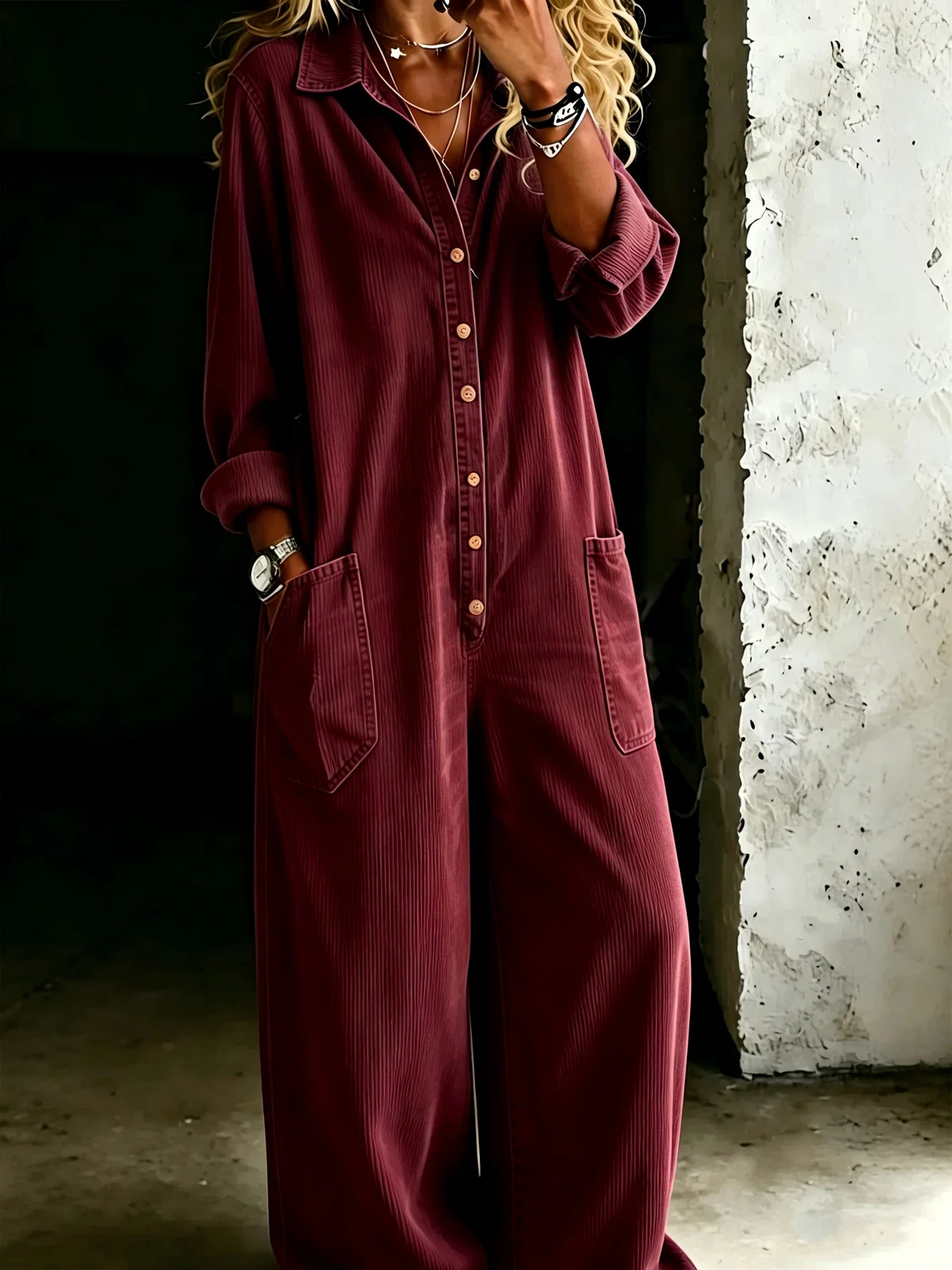 Womens Solid-color Loose-fit Casual Jumpsuit — image 3