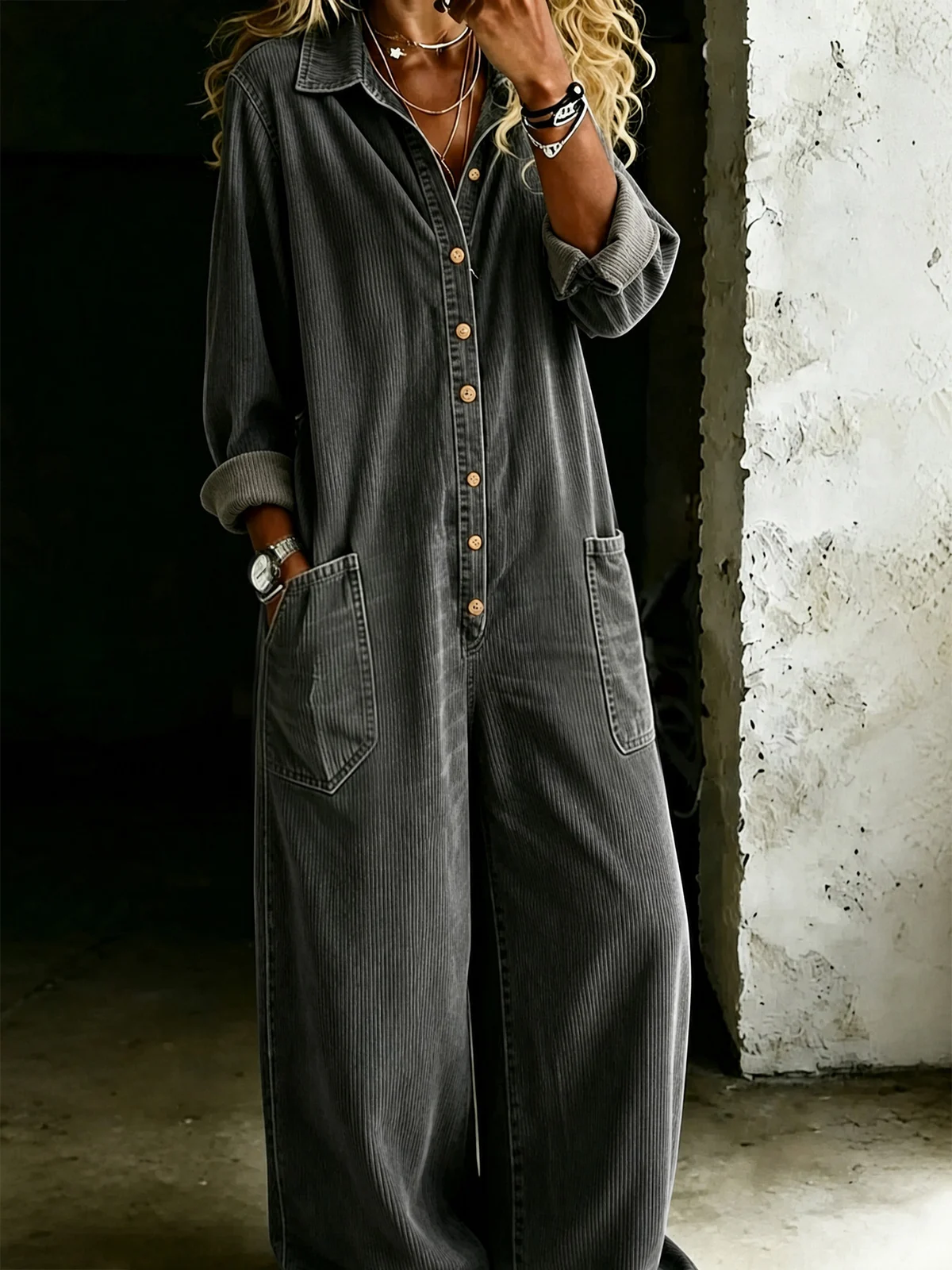 Womens Solid-color Loose-fit Casual Jumpsuit — image 5