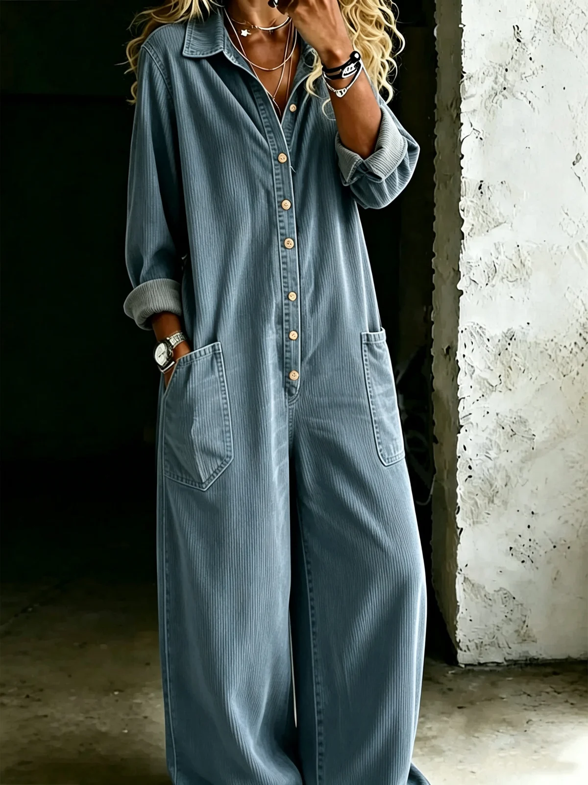 Womens Solid-color Loose-fit Casual Jumpsuit — image 8
